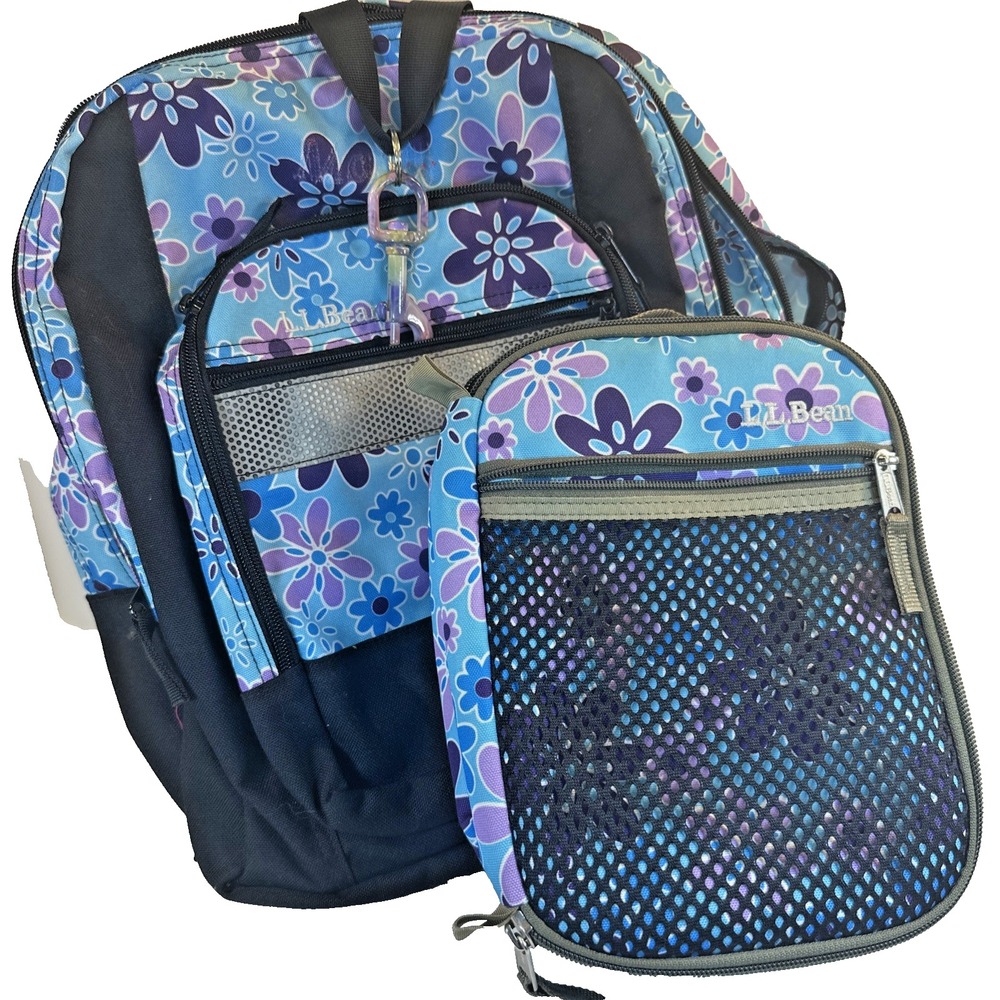 Vintage 2009 LL Bean Backpack & Lunchbox Set Teal Purple Floral Tropical EUC